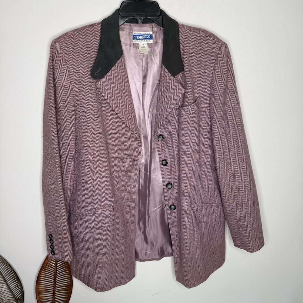 J4 Pendleton VTG Wool Blend Purple Herringbone Blazer Jacket Black Collar